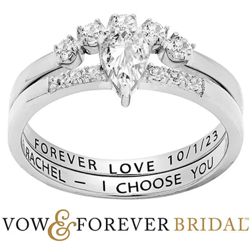 Platinum over Sterling Pear White Topaz 2 Piece Engraved Wedding Set sold by Limoges Jewelry