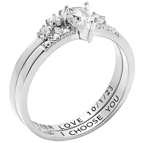 Platinum over Sterling Pear White Topaz 2 Piece Engraved Wedding Set sold by Limoges Jewelry product image thumbnail 2