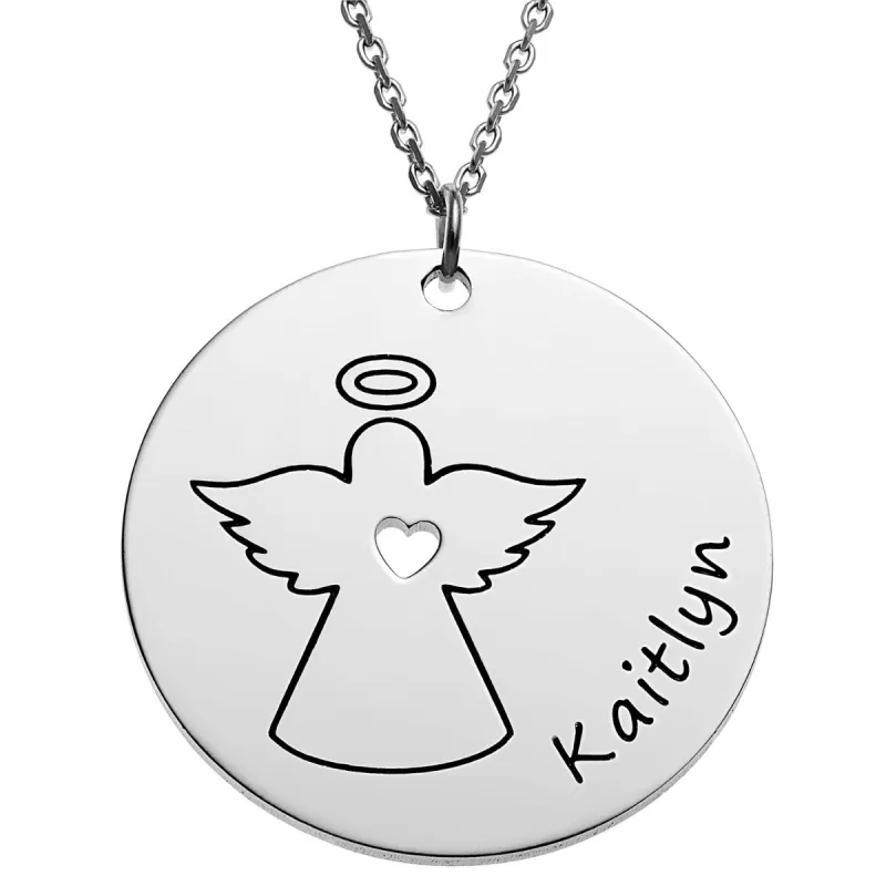 Silver Plated Engraved Name with Angel Disc Necklace sold by Limoges Jewelry