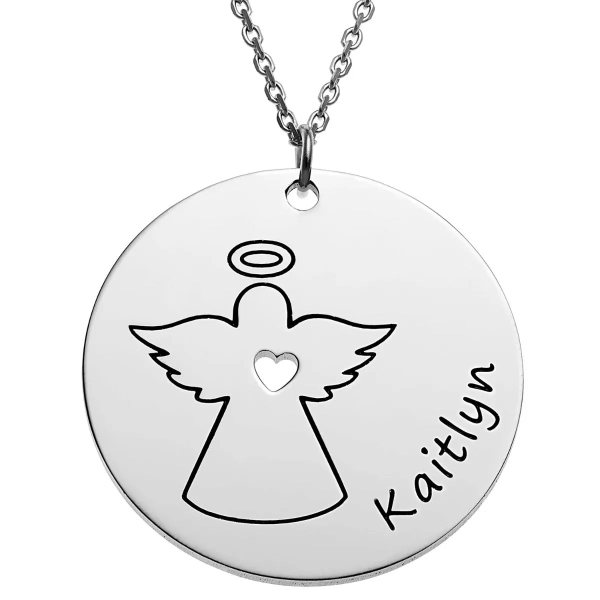 Silver Plated Engraved Name with Angel Disc Necklace sold by Limoges Jewelry