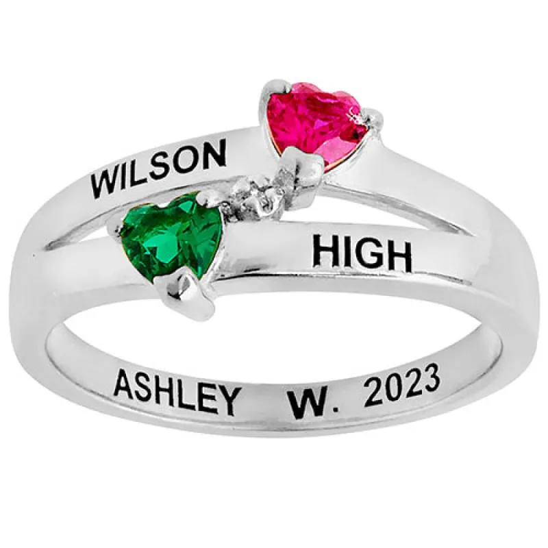Silver Plated Double Birthstone Heart Diamond Accent Class Ring sold by Limoges Jewelry