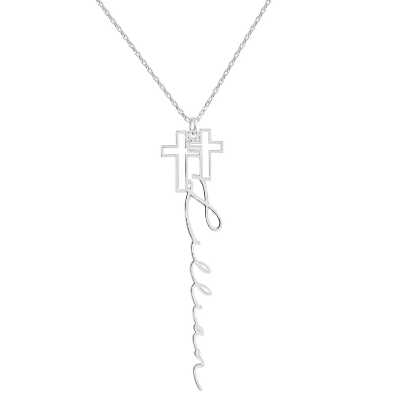 Sterling Silver Double Cross Vertical Name Necklace sold by Limoges Jewelry