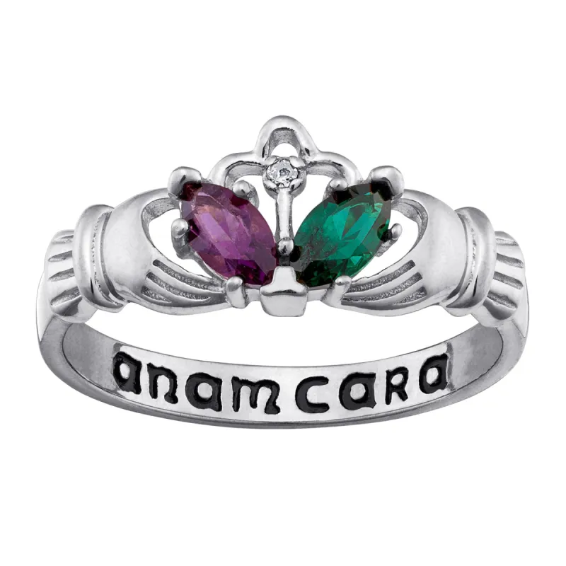 Sterling Silver Couple's Birthstone and Genuine Diamond Claddagh Ring sold by Limoges Jewelry
