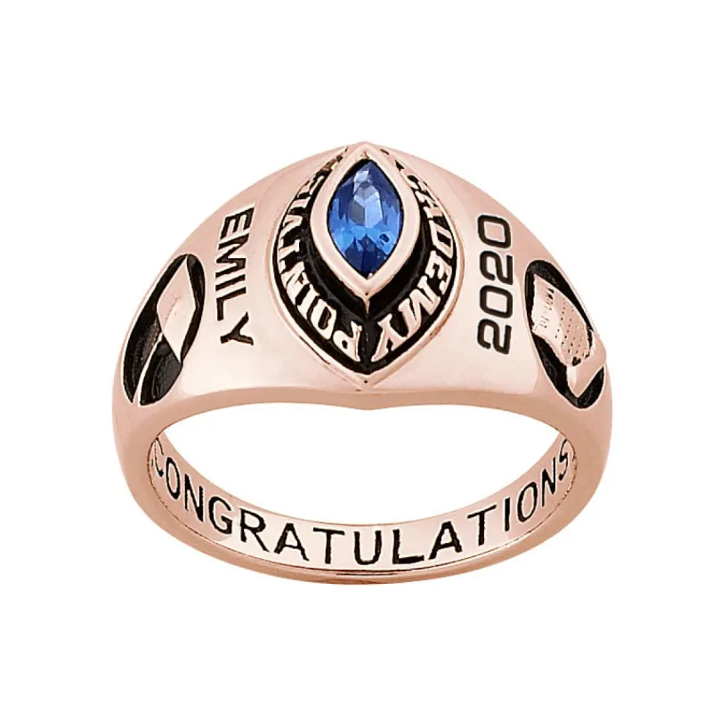 Ladies 14K Rose Gold over Sterling Traditional Marquise Birthstone FREEDOM Class Ring sold by Limoges Jewelry
