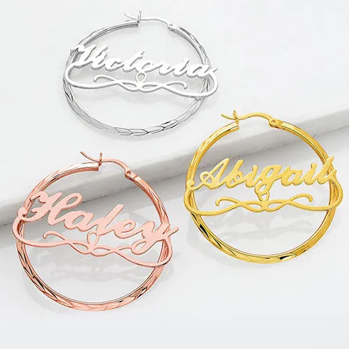 Sterling Silver Script Name Diamond Cut Large Hoop Earrings sold by Limoges Jewelry