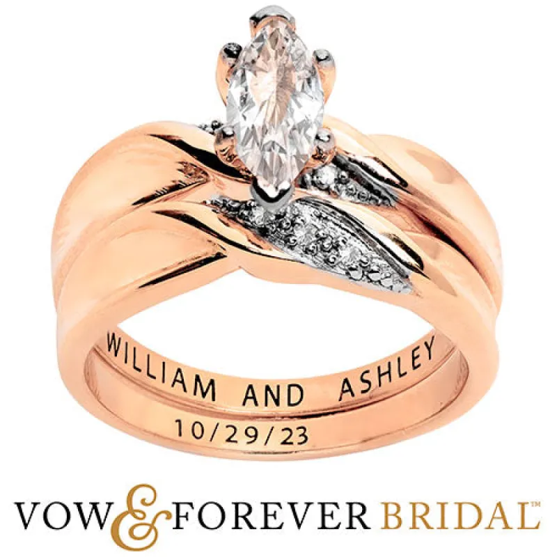 14K Rose Gold over Sterling Marquise White Topaz Diamond Accent 2-Piece Engraved Wedding Ring Set sold by Limoges Jewelry