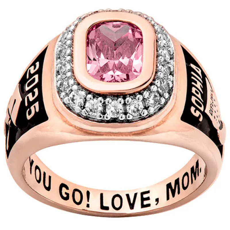 Ladies' 14K Rose Gold Plated CZ Encrusted Traditional Personalized Class Ring sold by Limoges Jewelry