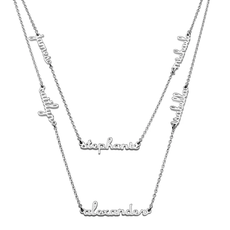 Sterling Silver Petite Script Family Name Layered Necklace- 6 Names sold by Limoges Jewelry