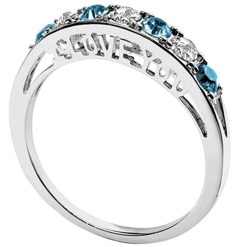 Silver Plated I LOVE YOU Simulated Blue Topaz and Clear Crystal Ring sold by Limoges Jewelry
