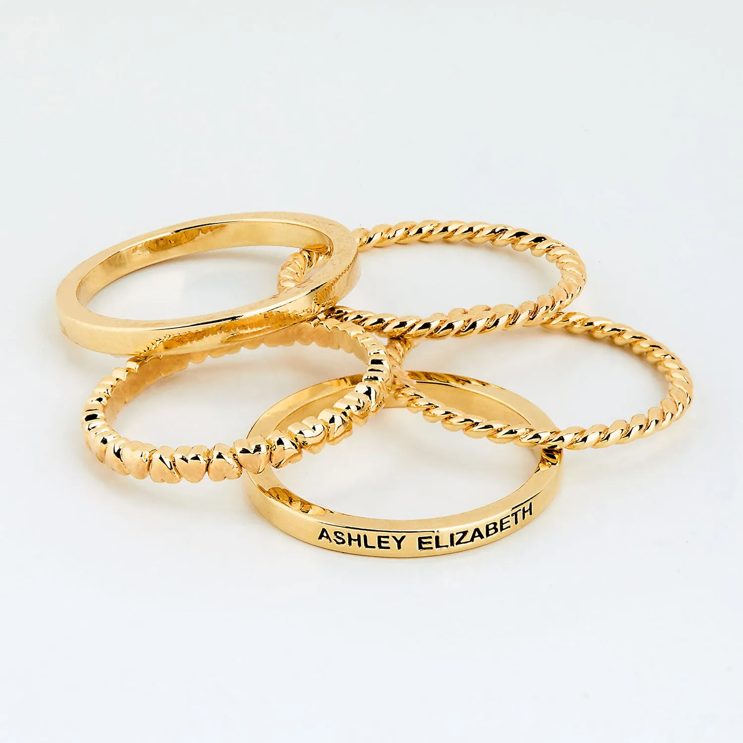 Gold Plated Personalized Roped and Petite Heart Stackable 5 Ring Set sold by Limoges Jewelry product image thumbnail 4