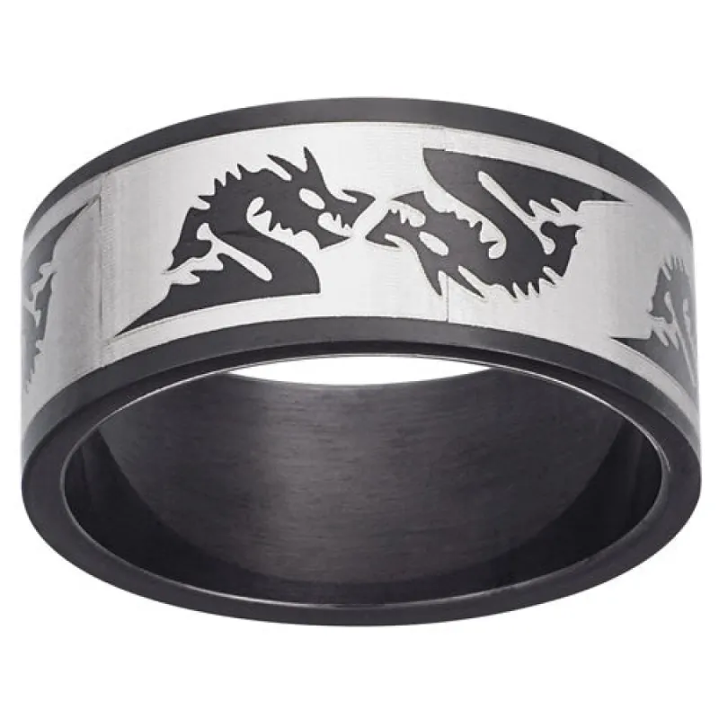 Mens Black Stainless Steel Dragon Band Ring sold by Limoges Jewelry