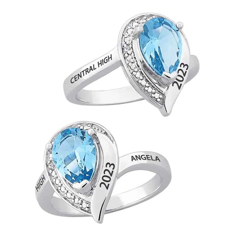 10K White Gold Pear Birthstone and Diamond Class Ring sold by Limoges Jewelry