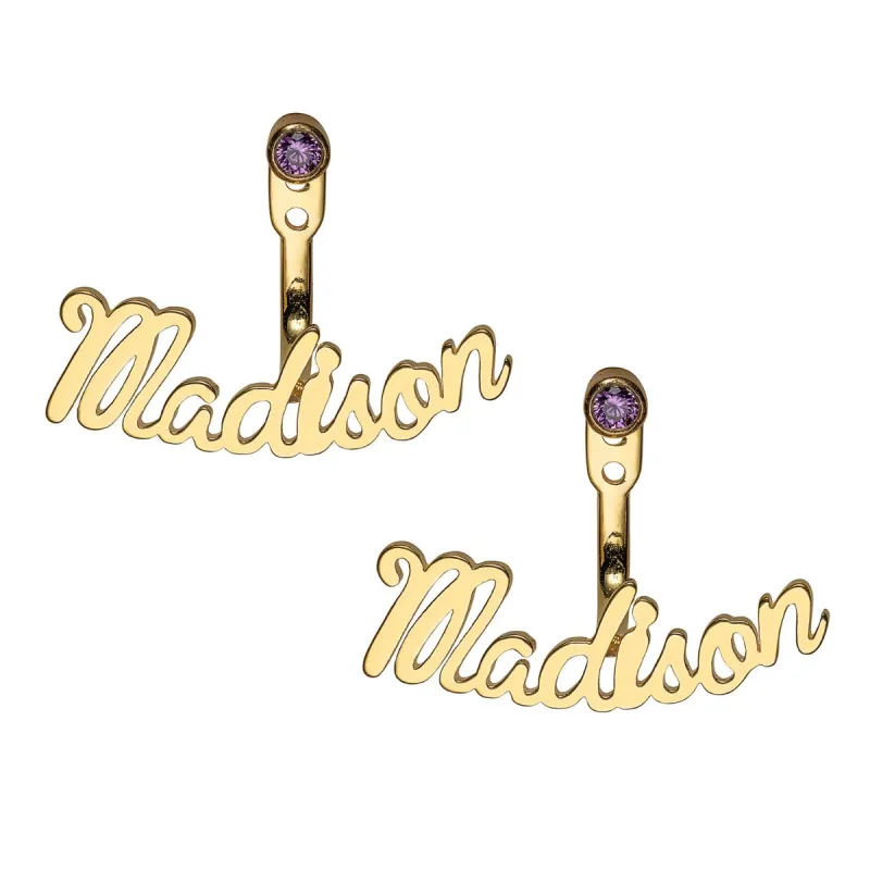 14K Gold Plated Script Name and Birthstone Front/ Back Earrings sold by Limoges Jewelry