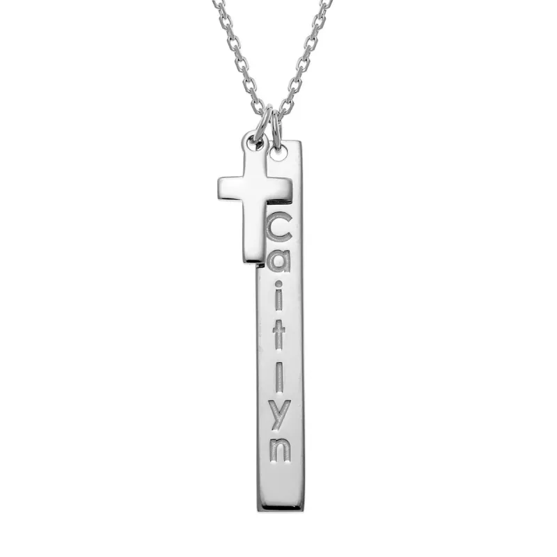 Engraved Name Vertical Bar With Cross Necklace sold by Limoges Jewelry