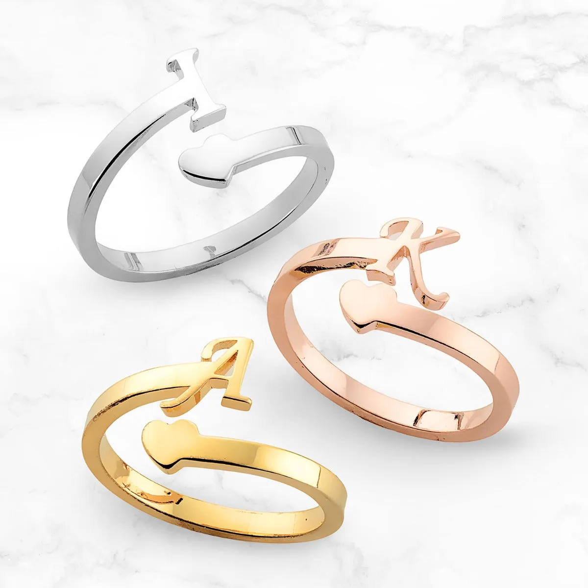 14K Rose Gold Plated Script Initial and Heart Bypass Ring sold by Limoges Jewelry product image thumbnail 5