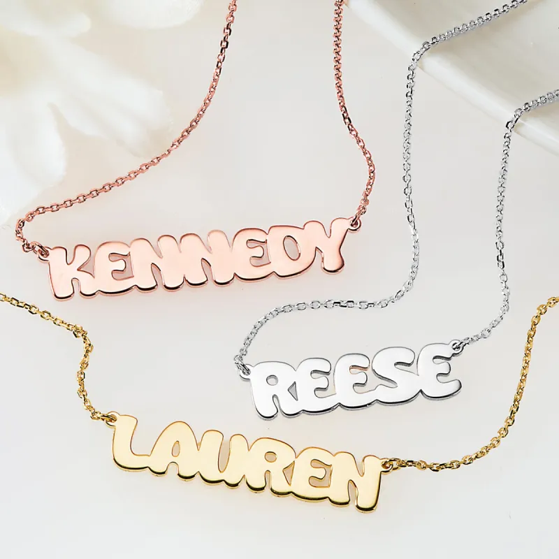 Sterling Silver Uppercase Bubble Name Plaque Necklace sold by Limoges Jewelry