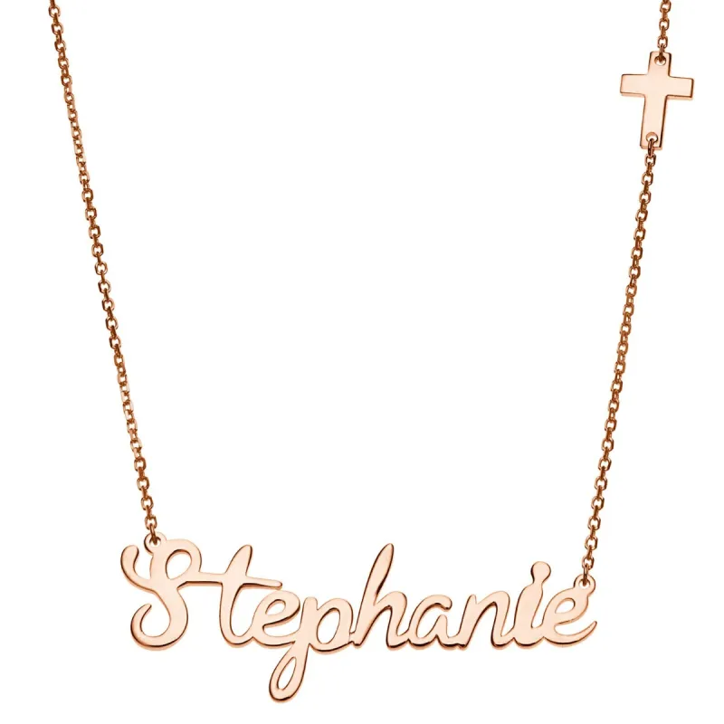 14K Rose Gold Plated Script Name with Cross Station Necklace sold by Limoges Jewelry
