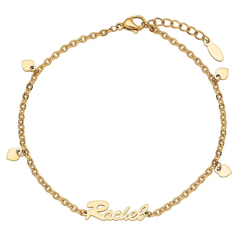 Gold Stainless Steel Heart Charm and Name Anklet sold by Limoges Jewelry