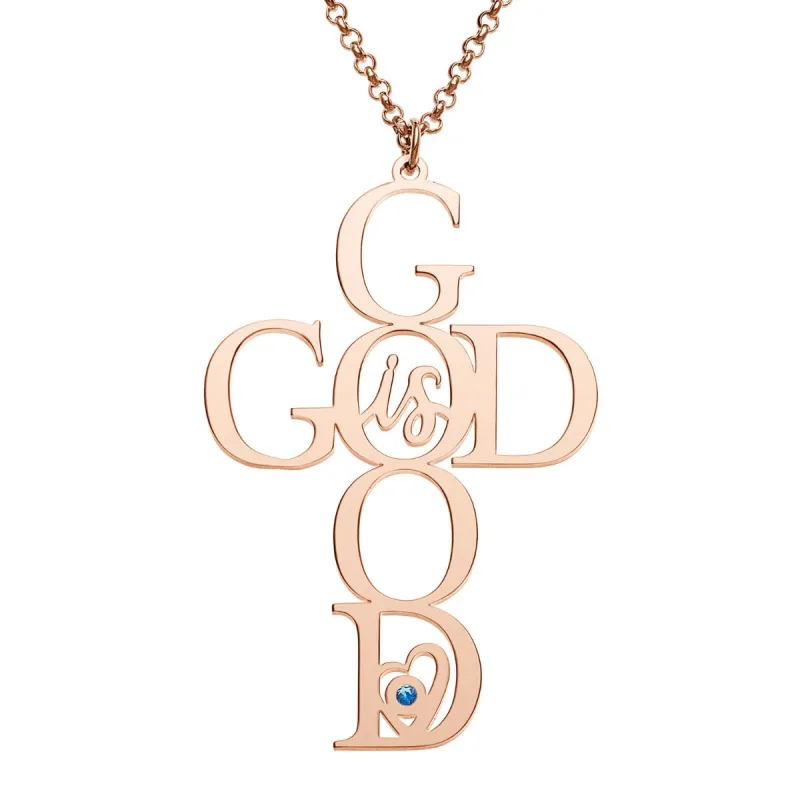 14K Rose Gold Plated God is Good Cross with Birthstone Necklace sold by Limoges Jewelry