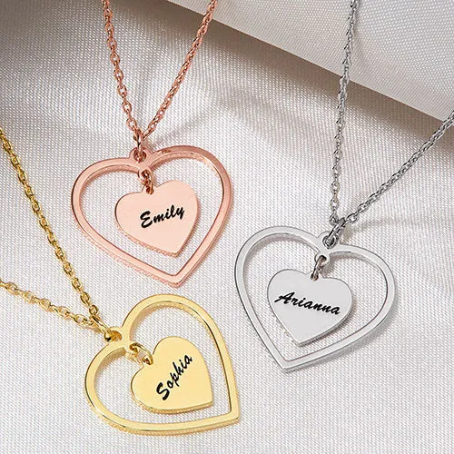 Sterling Silver Engraved Double Heart Pendant Necklace sold by Limoges Jewelry