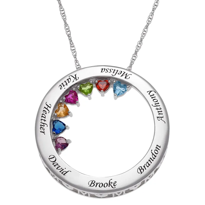 Sterling Silver MOM Engravable Names and Birthstones Circle Pendant sold by Limoges Jewelry