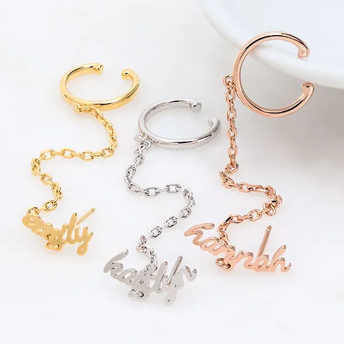 Silver Plated Lowercase Script Name Crawler Button with Ear Cuff and Chain Earring sold by Limoges Jewelry