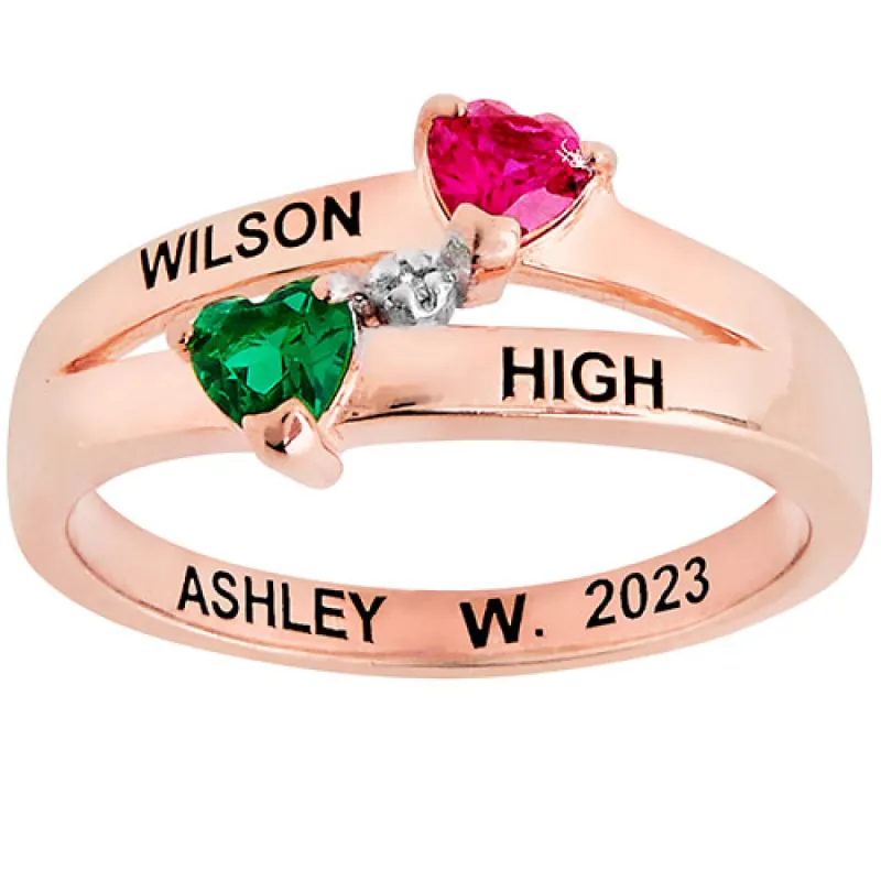 14K Rose Gold over Sterling Double Birthstone Heart Diamond Accent Class Ring sold by Limoges Jewelry