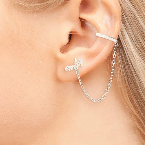 Silver Plated Lowercase Script Name Crawler Button with Ear Cuff and Chain Earring sold by Limoges Jewelry product image thumbnail 2