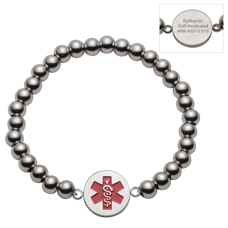 Stainless Steel Engraved Medical ID Beaded Bracelet made by Limoges Jewelry
