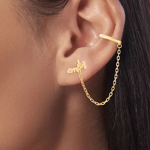 Silver Plated Lowercase Script Name Crawler Button with Ear Cuff and Chain Earring sold by Limoges Jewelry product image thumbnail 4