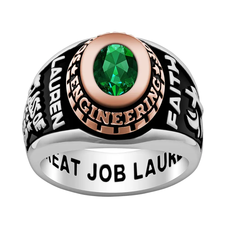 Ladies' Silver Celebrium and Rose Gold Traditional Oval Birthstone Class Ring sold by Limoges Jewelry