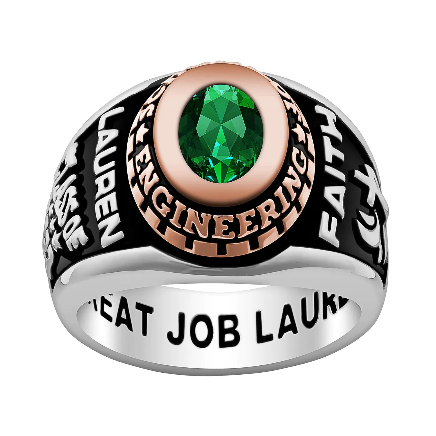 Ladies' Silver Celebrium and Rose Gold Traditional Oval Birthstone Class Ring sold by Limoges Jewelry