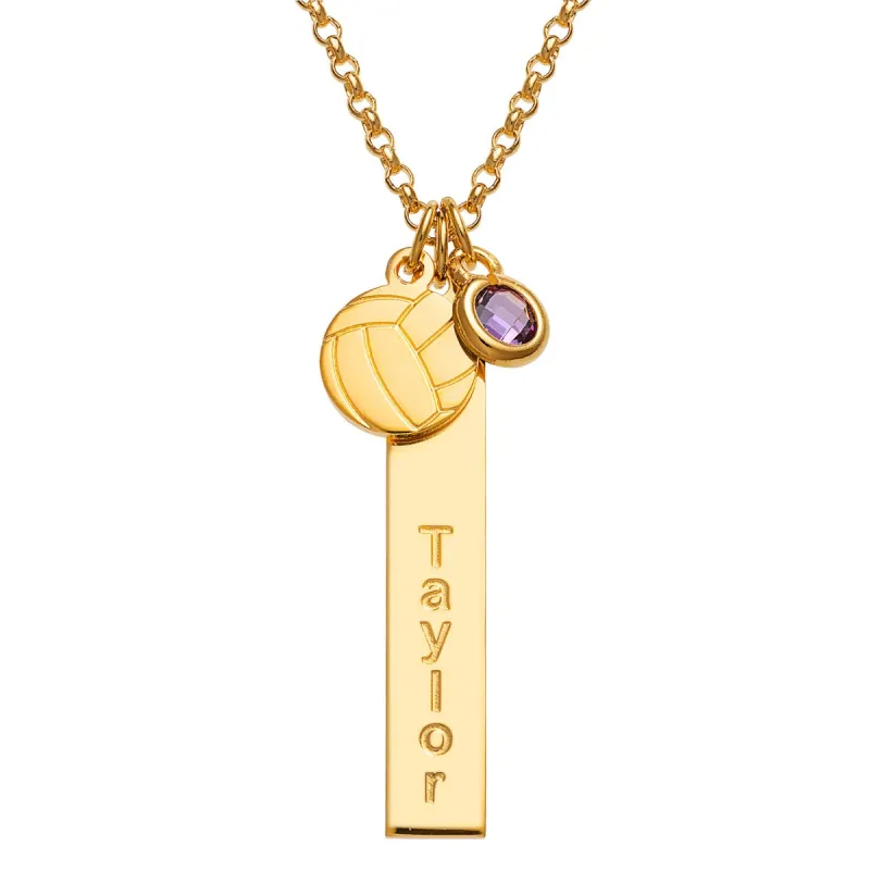 14K Gold Plated Name Necklace with Volleyball Charm and Birthstone Dangle sold by Limoges Jewelry
