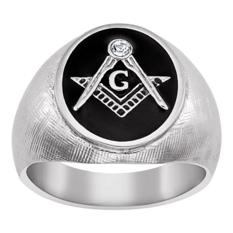Stainless Steel Masonic Oval Textured Ring w/Crystal Accent sold by Limoges Jewelry