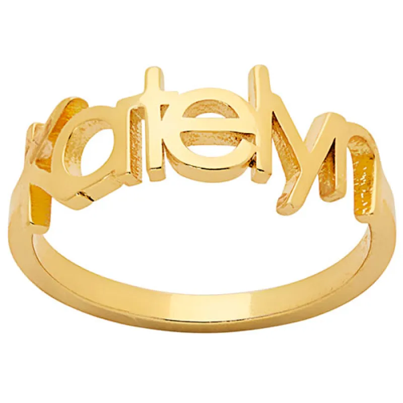 14K Gold Plated Century Gothic Cutout Name Ring sold by Limoges Jewelry