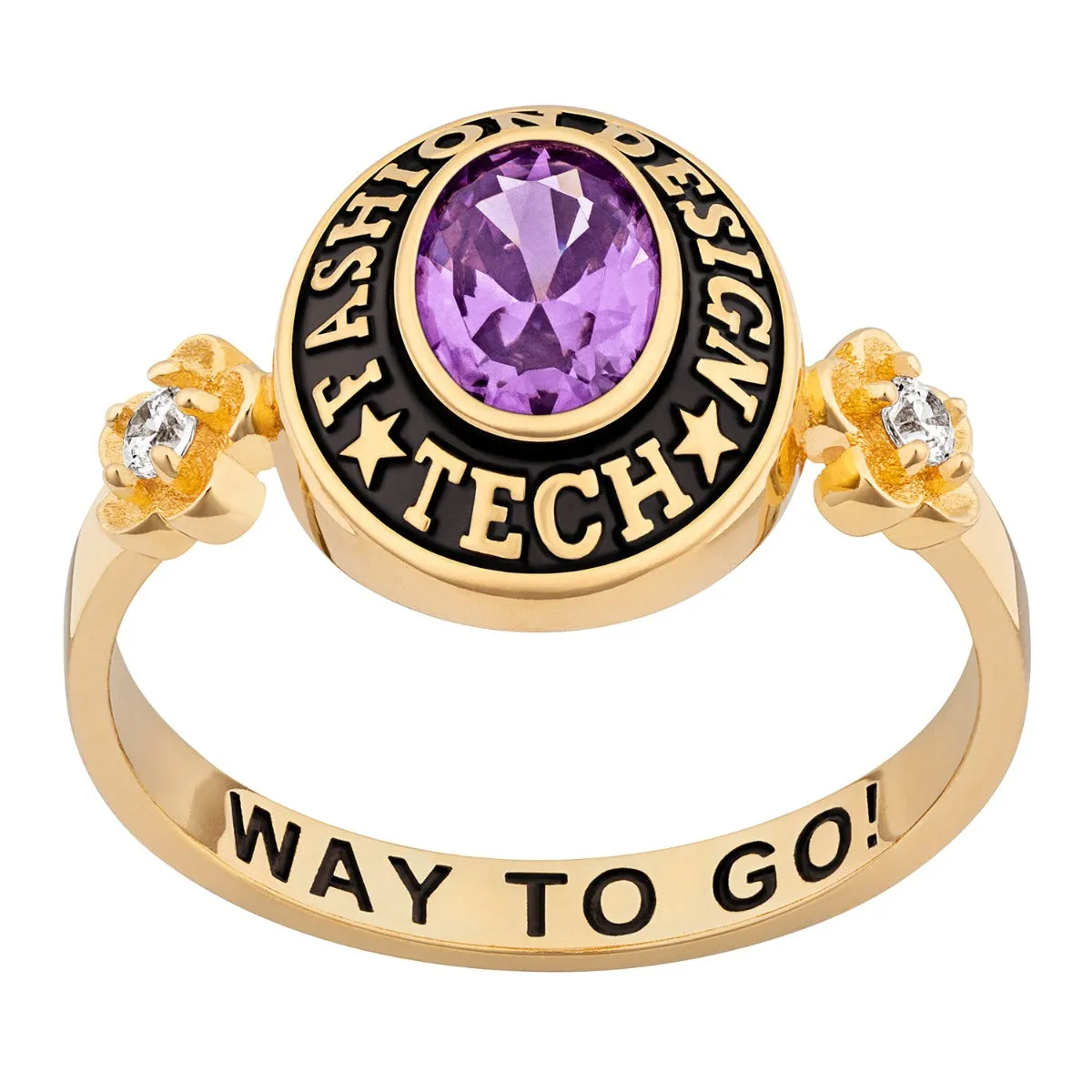 Ladies' 14K Gold over Sterling Oval Birthstone with CZ Flowers Class Ring sold by Limoges Jewelry