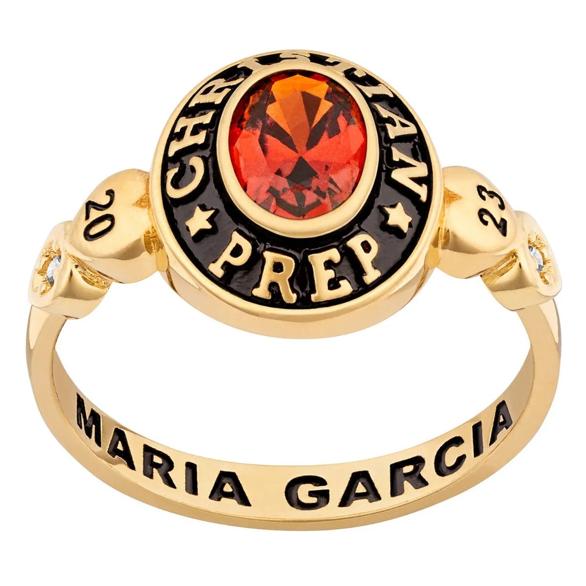 Ladies' Yellow Celebrium Oval Birthstone with CZ and Hearts Class Ring sold by Limoges Jewelry