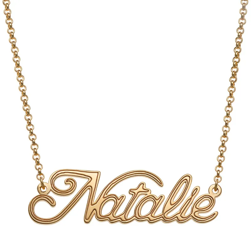14K Gold Plated Script Name with Outline Necklace sold by Limoges Jewelry