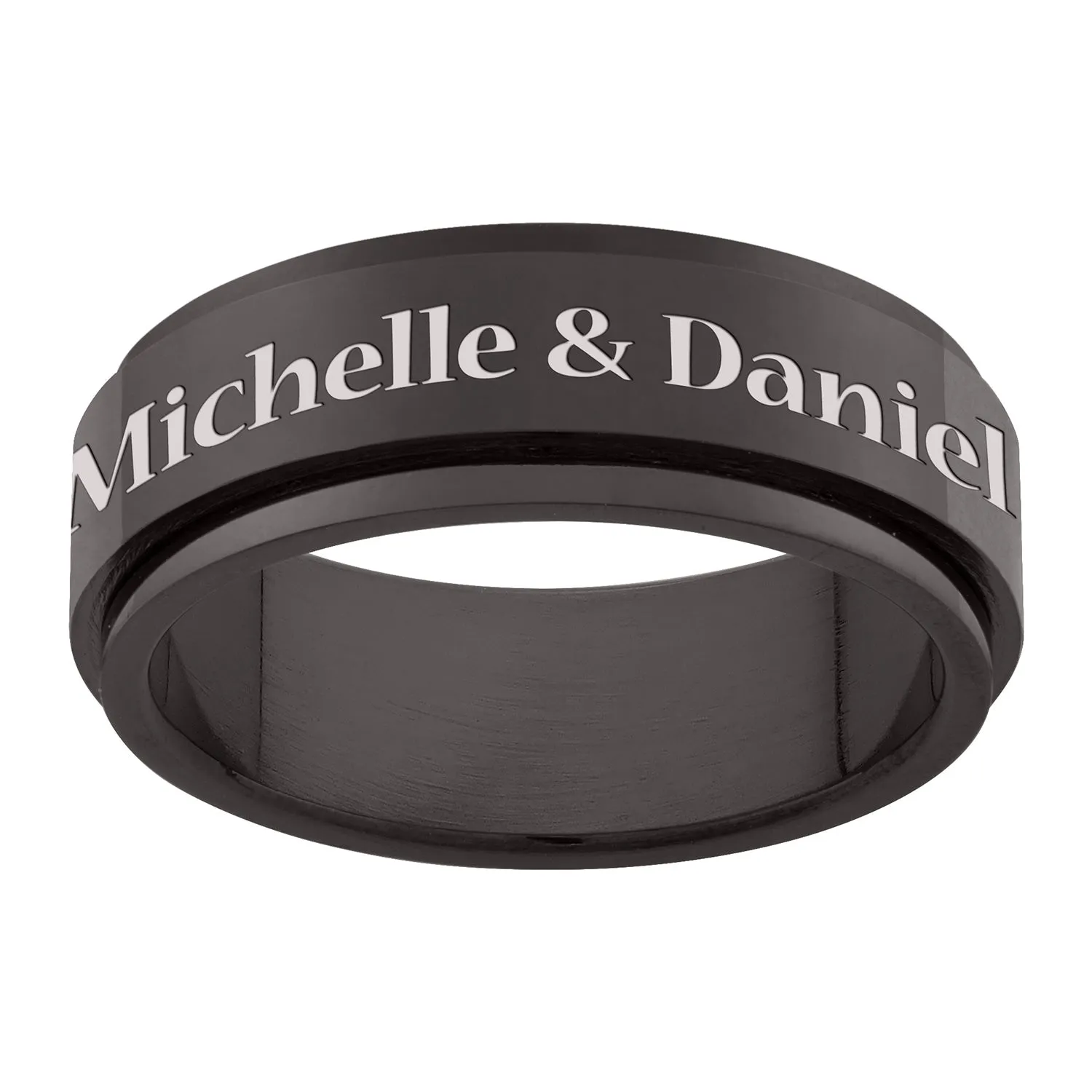 Men's Top-Engraved Black Stainless Steel Spinner Band sold by Limoges Jewelry