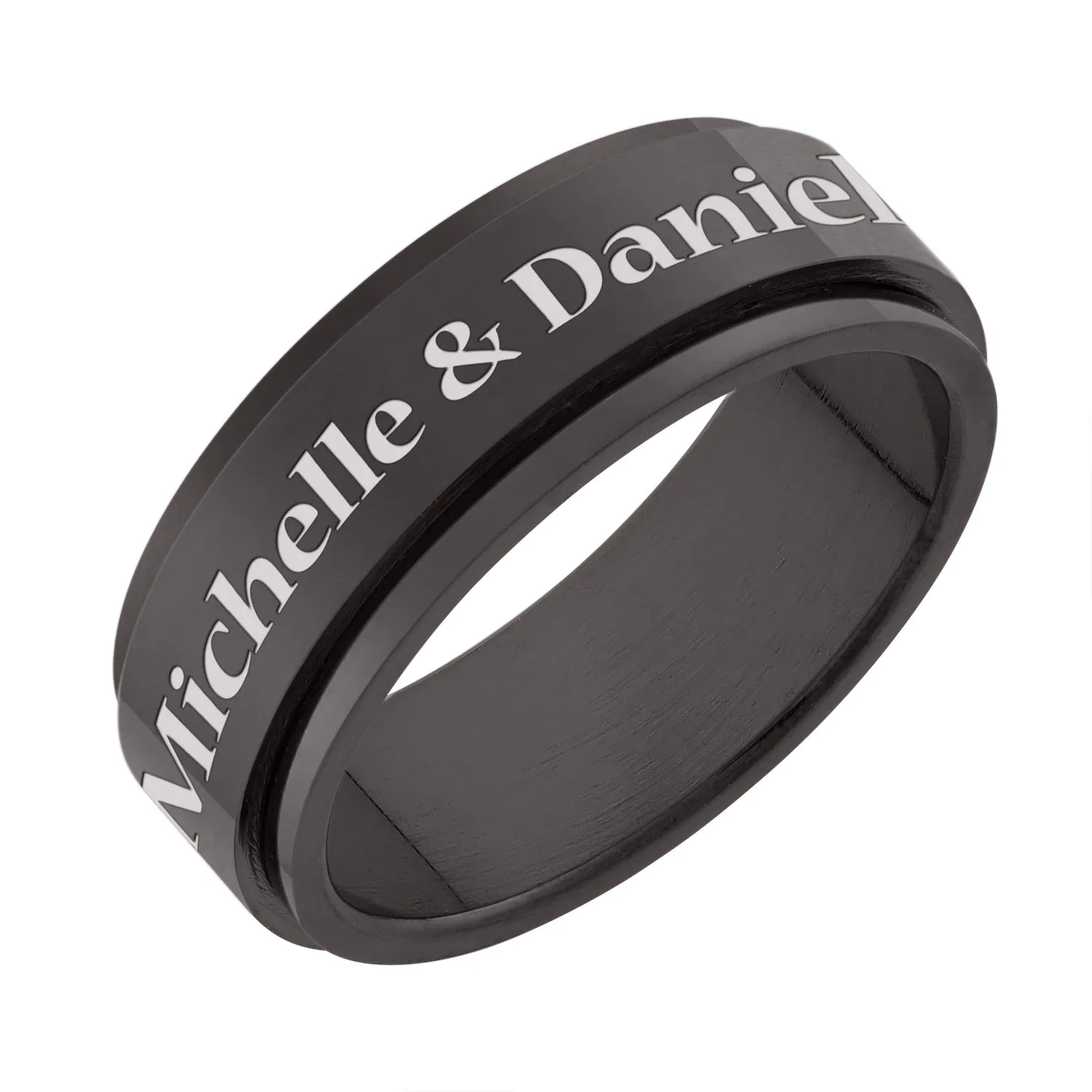 Men's Top-Engraved Black Stainless Steel Spinner Band sold by Limoges Jewelry product image thumbnail 2