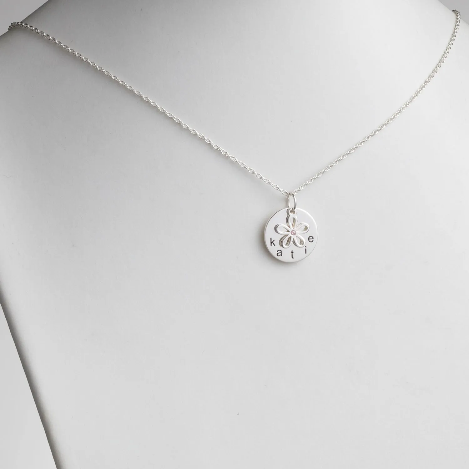 Sterling Silver Name Disc with Birthstone Flower Charm Necklace sold by Limoges Jewelry product image thumbnail 2