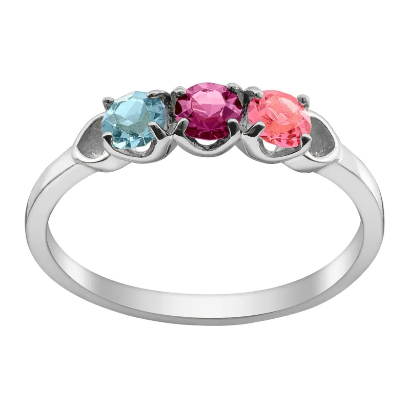 Sterling Silver Round Birthstone Ring with Hearts - 3 Stones sold by Limoges Jewelry