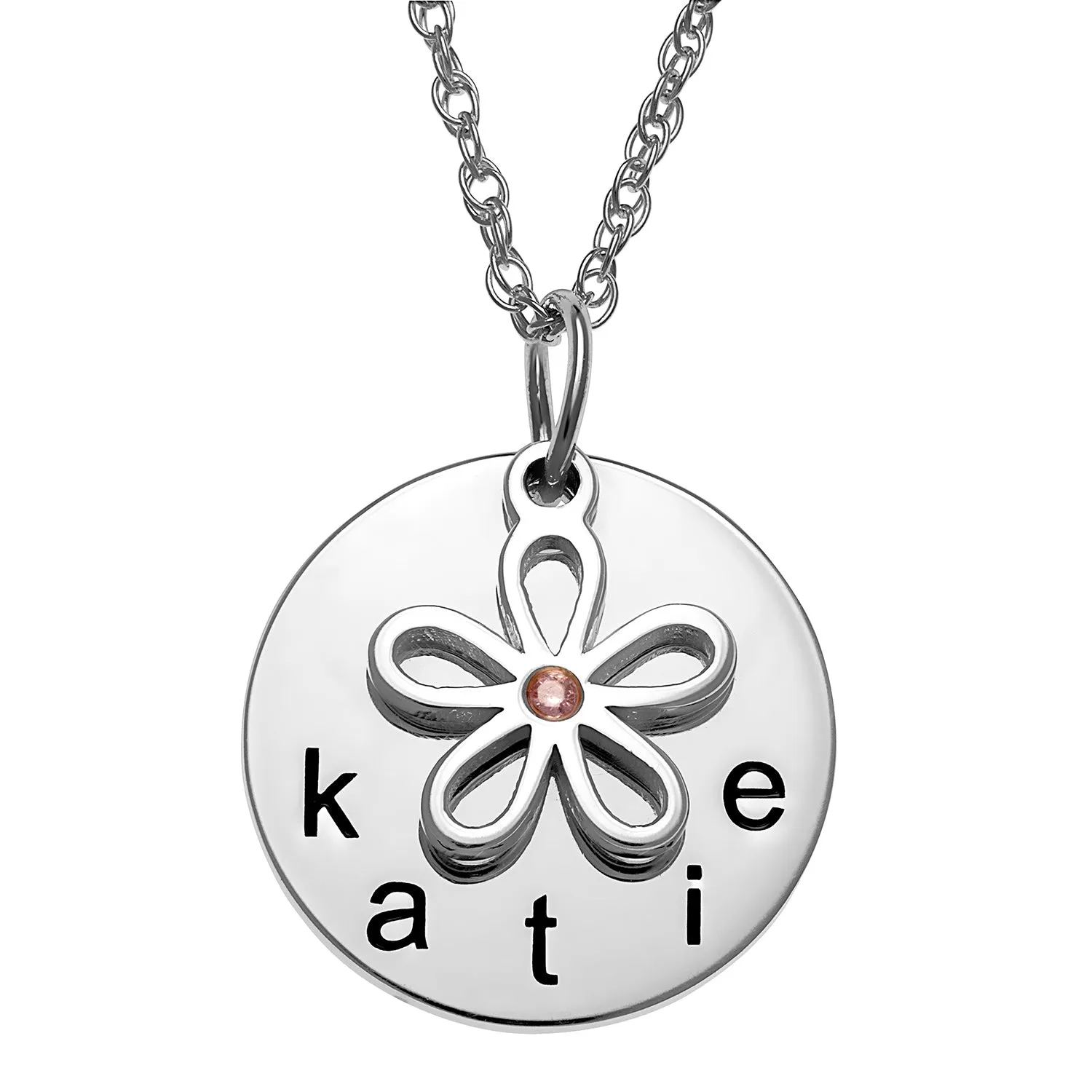 Sterling Silver Name Disc with Birthstone Flower Charm Necklace sold by Limoges Jewelry