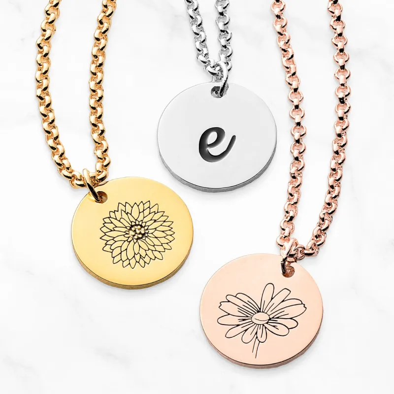 Personalized Engraved Flower and Initial Disc Necklace sold by Limoges Jewelry