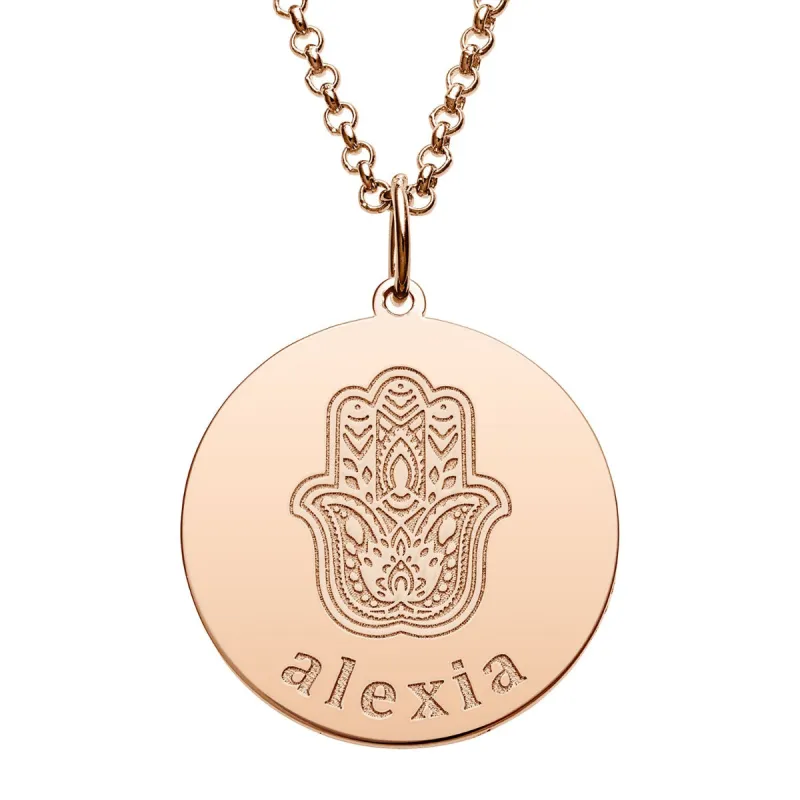 14K Rose Gold Plated Engraved Name and Hamsa Hand Disc Necklace sold by Limoges Jewelry