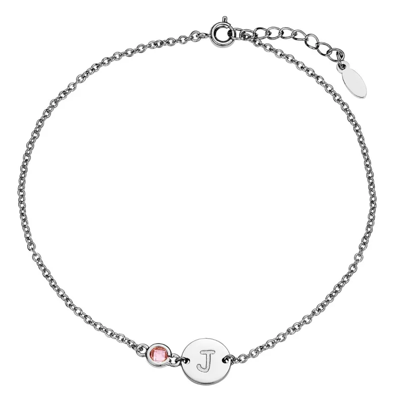 Silver Plated Engraved Disc and Station Birthstone Anklet sold by Limoges Jewelry