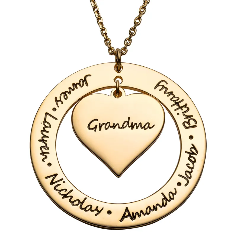14K Gold over Sterling Engraved Family Name Heart and Circle Necklace sold by Limoges Jewelry