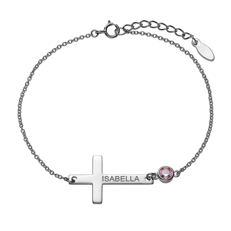 Sterling Silver Engraved Name Cross with Birthstone Bracelet sold by Limoges Jewelry