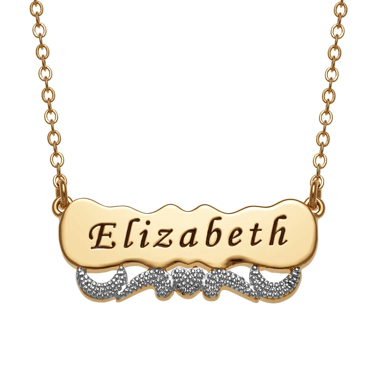Two Tone Engraved Name with Heart Scroll Plaque Necklace sold by Limoges Jewelry