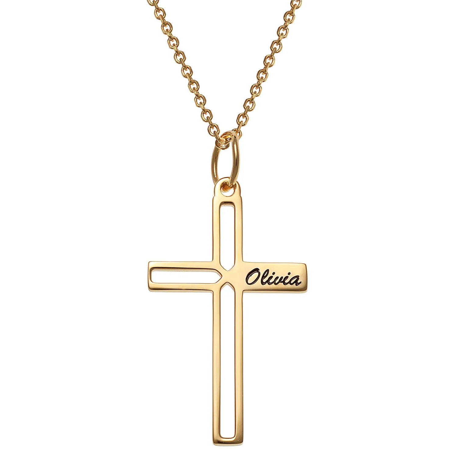 14K Gold over Sterling Engraved Name Open Cross Necklace sold by Limoges Jewelry